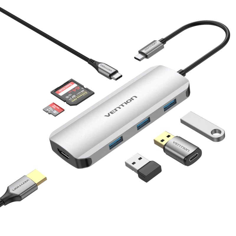 Vention USB-C to HDMI/USB 3.0x3/SD/TF/PD Docking Station Gray 0.15M Aluminum Alloy Type