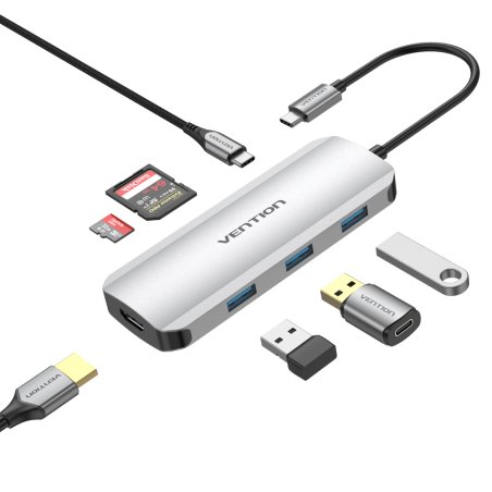 Vention USB-C to HDMI/USB 3.0x3/SD/TF/PD Docking Station Gray 0.15M Aluminum Alloy Type
