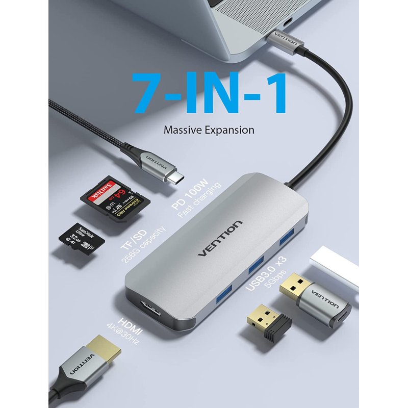 Adaptateur USB-C Vention vers 3x USB-A 1x HDMI 1x USB-C 100W 0.15m (Gris)