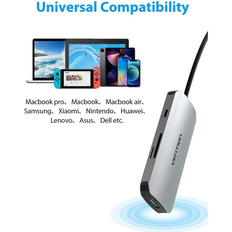 Adaptateur USB-C Vention vers 3x USB-A 1x HDMI 1x USB-C 100W 0.15m (Gris)