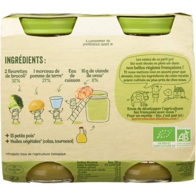 Bledina Les Recoltes Broccoli Potato Veal for 6 Months, Organic 200g - Pack of 2