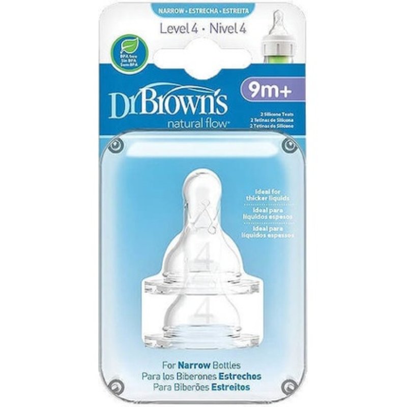 Dr Browns Silicone Nipples Fast Flow 9m For Bottles With Narrow Neck 2 Pieces