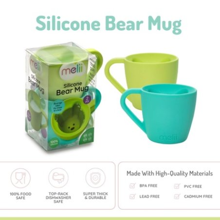 Melii Silicone Bear Mug for Toddlers and Kids - Durable Food-Grade BPA - Pack of 2