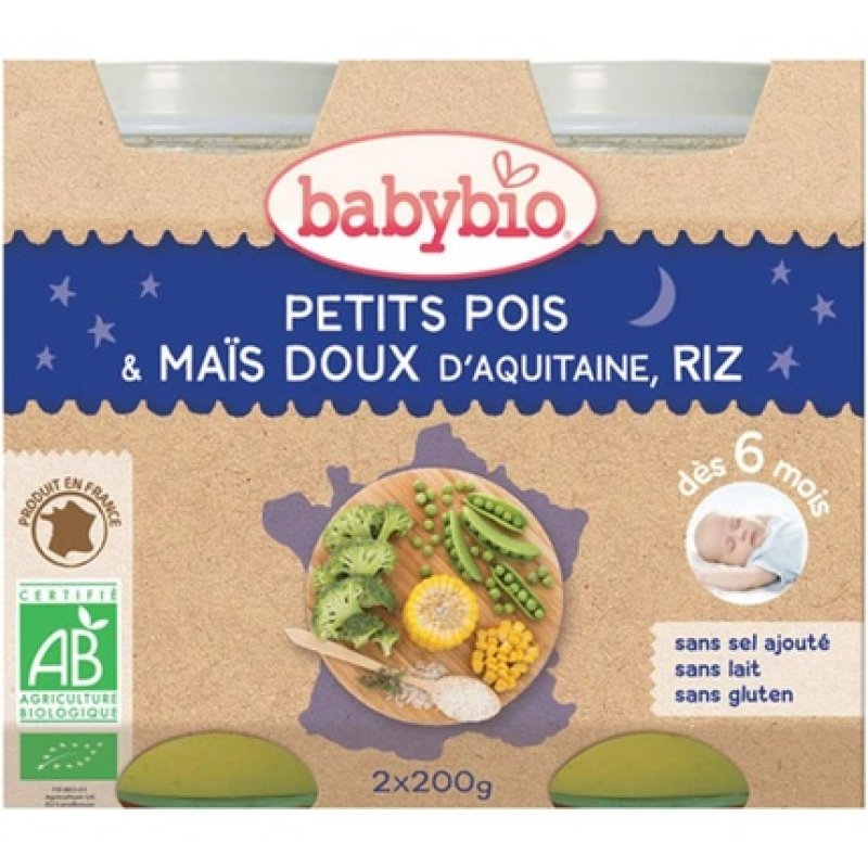 Babybio Good Night Peas Sweet Corn Rice 6 Months Organic 2 Pots 200g