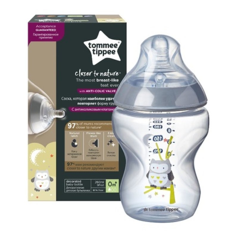 Closer To Nature Baby Bottle With Silicone Nipple 0m Owl 260ml