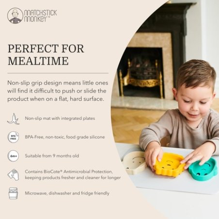 Matchstick Monkey Anti-Slip Animal Puzzle Snack Mat for Baby-Led Weaning 9 Months Old Grey