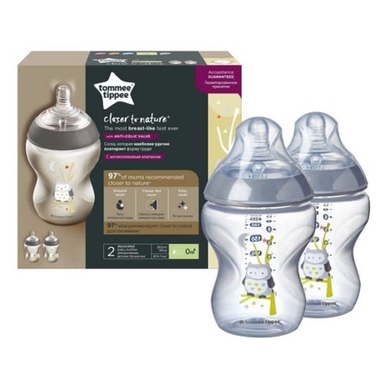 Closer To Nature Feeding Bottle With Silicone Nipple 0m Owl 2x260ml
