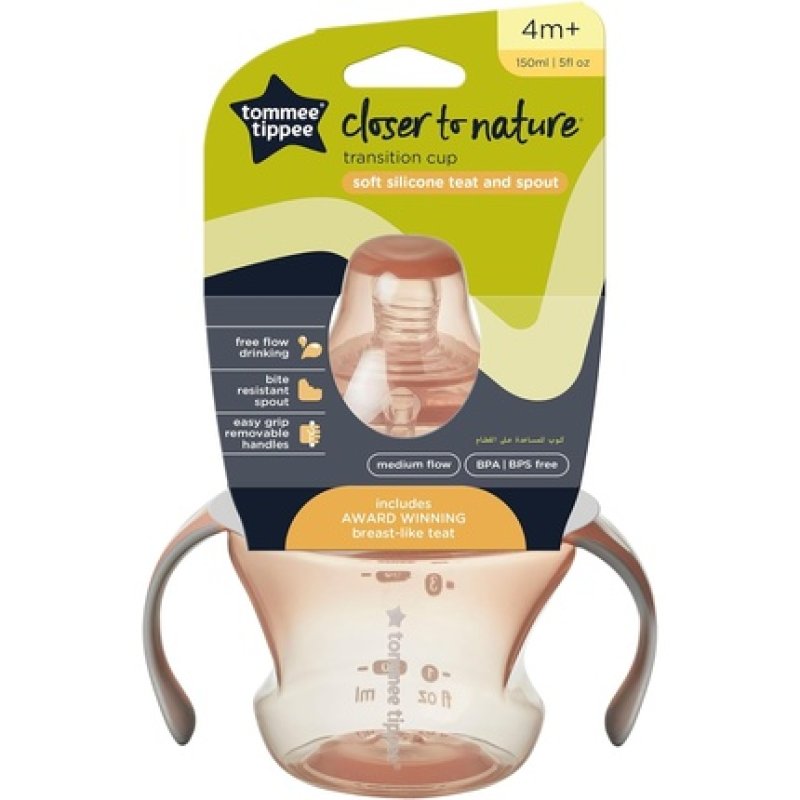 Tommee Tippee Transition Cup Breast-Like Teat and Soft Silicone Spout with Easy-Grip Handles Leakproof Lid 150ml Pink