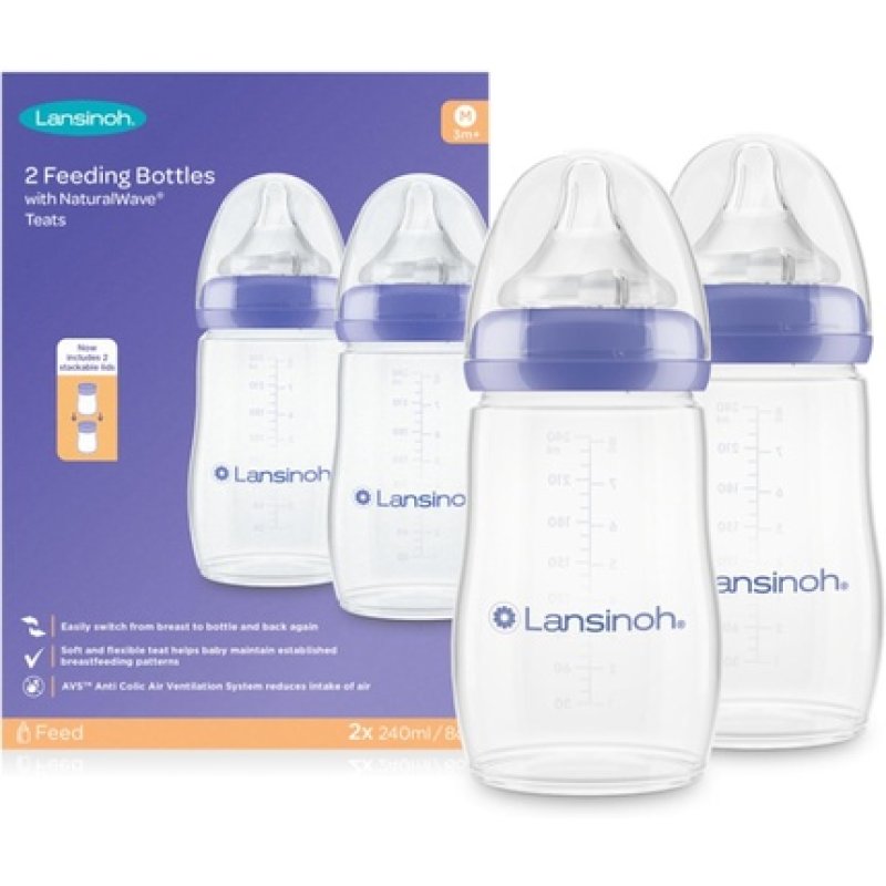 Lansinoh Anti Colic Baby Bottle 240ml 2 Pack Naturalwave Teats Reduces Nipple Confusion Bpa & Bpsfree Breastfeeding