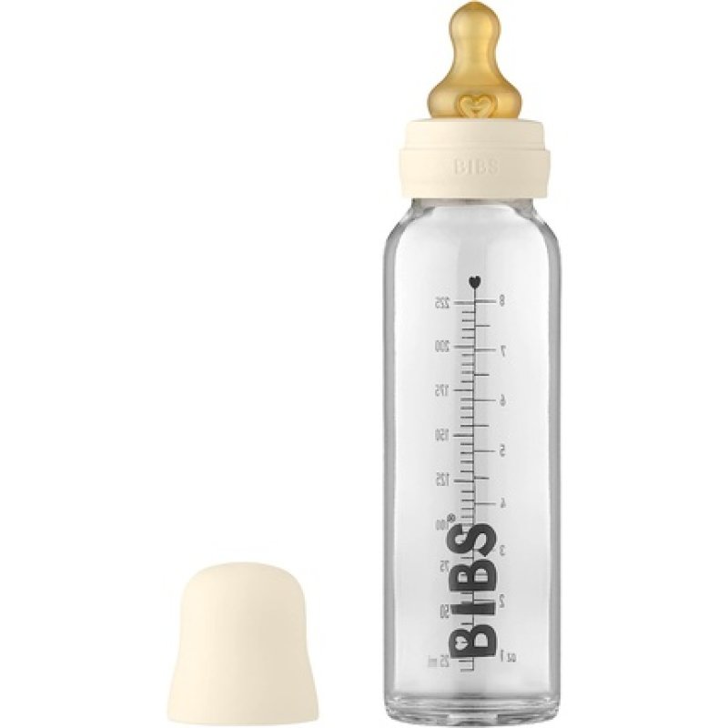 BIBS Baby Glass Bottle with Round Natural Rubber Latex Nipple 225ml Ivory