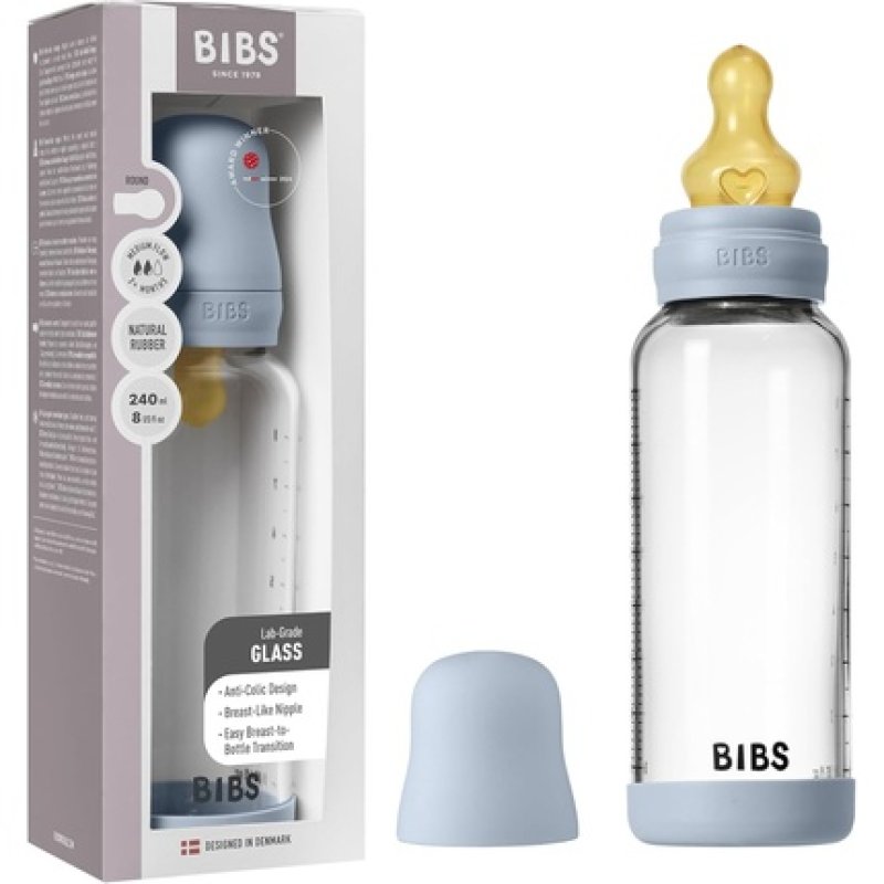 Bibs Baby Glass Bottle 240ml Anticolic Vented Natural Rubber Latex