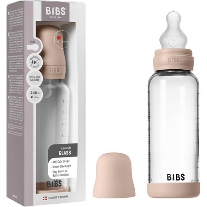 Bibs Baby Glass Bottle 240ml Anticolic Vented Round Silicone Teat