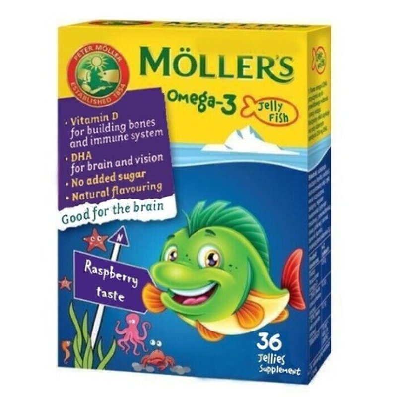 Moller's Fish Oil Jelly Fish For Kids Omega 3 Raspberry 36 Jellies