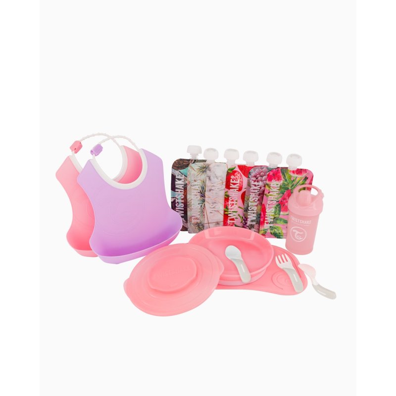 Twistshake Click-Mat Mini Children's Crockery Set Bundle with Bibs, Drinking Bottle, and Squeeze Bags - Pastel