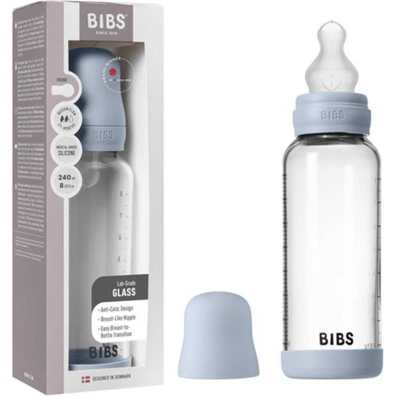 Bibs Baby Glass Bottle 240ml Anticolic Vented Round Silicone Teat