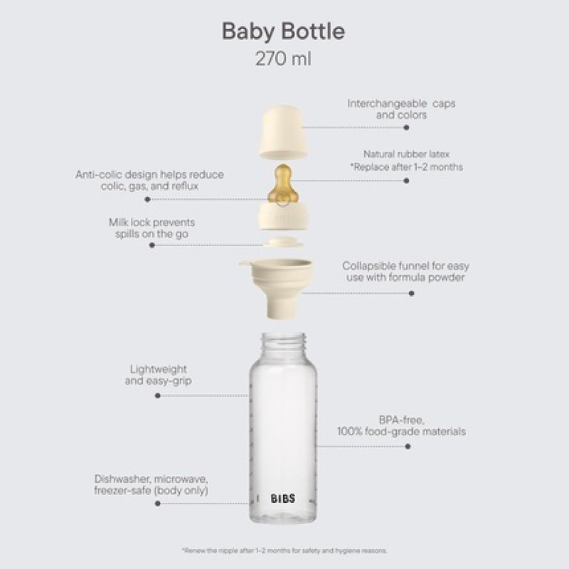 Bibs Baby Bottle 270ml Natural Rubber Latex Nipple Anticolic BPA-Free