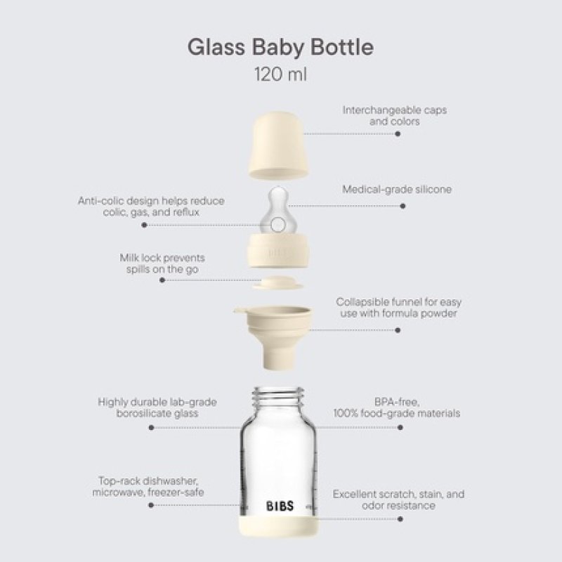 Bibs Baby Glass Bottle 120ml Anticolic Vented Round Silicone Teat