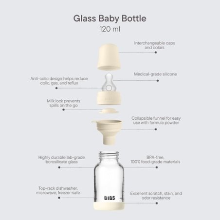 Bibs Baby Glass Bottle 120ml Anticolic Vented Round Silicone Teat