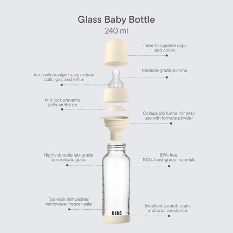 Bibs Baby Glass Bottle 240ml Anticolic Vented Round Silicone Teat
