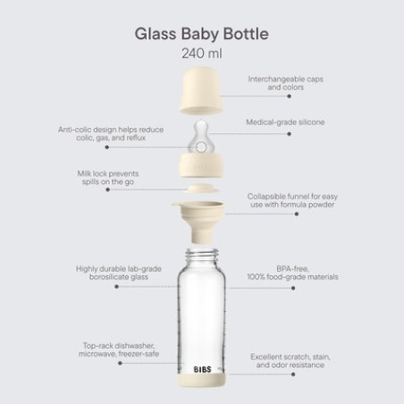 Bibs Baby Glass Bottle 240ml Anticolic Vented Round Silicone Teat