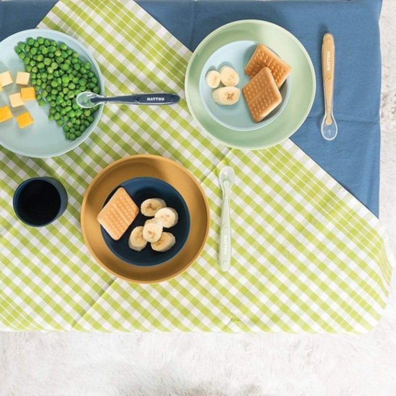 Nattou - Soft Silicone Plate & Spoon - Light blue/Green