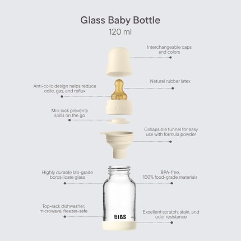 Bibs Baby Glass Bottle 120ml Anticolic Vented Natural Rubber Latex