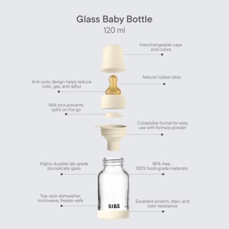 Bibs Baby Glass Bottle 120ml Anticolic Vented Natural Rubber Latex