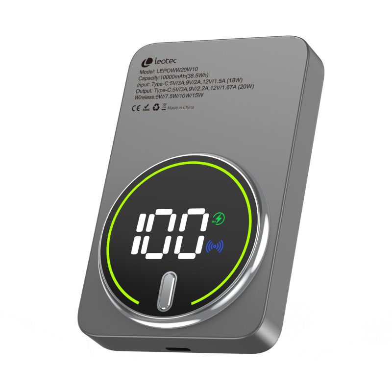Leotec LEPOWW20W10G banque d'alimentation électrique Lithium Polymère (LiPo) 10000 mAh Recharge sans fil Gris