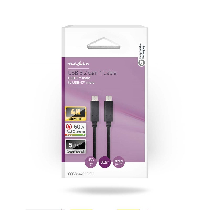 Nedis CCGB64700BK30 câble USB USB 3.2 Gen 1 (3.1 Gen 1) 3 m USB C 5 Gbit/s Blanc