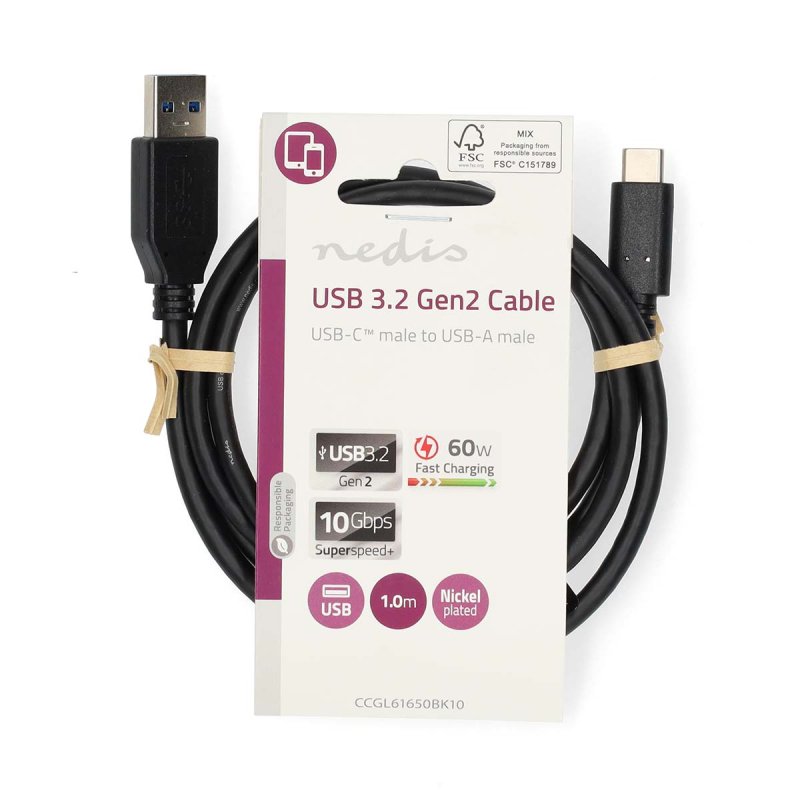Nedis CCGL61650BK10 câble USB USB 3.2 Gen 2 (3.1 Gen 2) 1 m USB A USB C 10 Gbit/s 60 W Noir