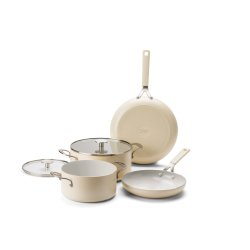 KitchenAid - Coloured Aluminum 6pcs Set: Frypan 24/28cm Casserole with Lid 20/24cm - Almond Cream
