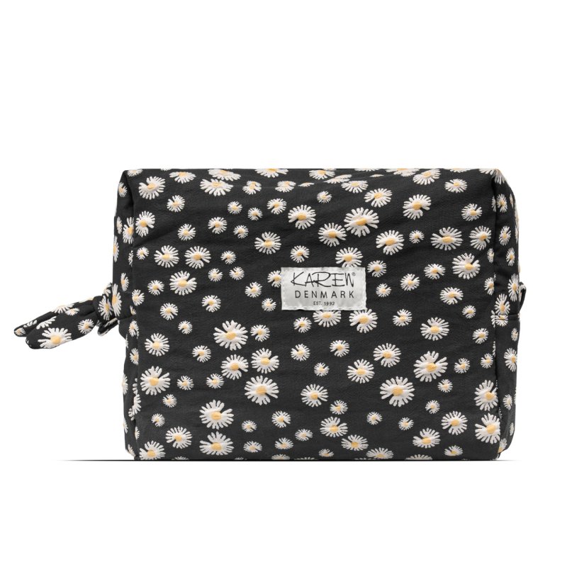 Karen - Large toiletry bag with embroidered daisies - Black - Large
