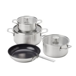 KitchenAid - Stainless Steel Cookware Set: Casserole with Lid (16cm, 20cm, 24cm) Frypan (24cm) - Silver