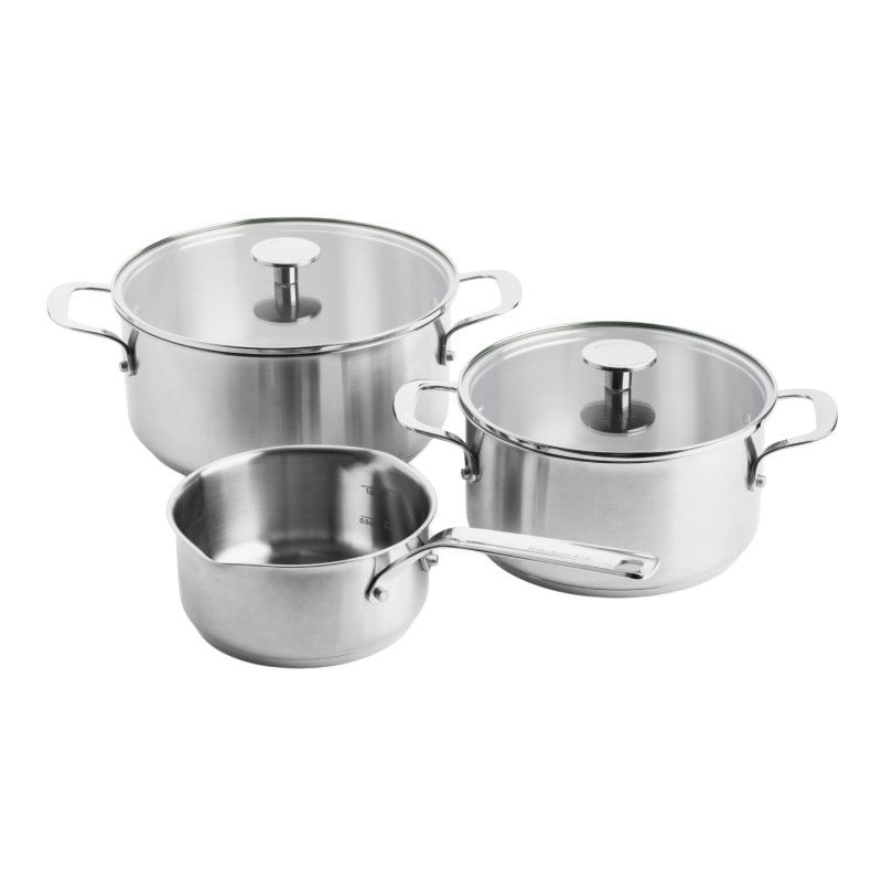 KitchenAid - Stainless Steel Sheet Set: Casserole 20cm with lid, Casserole 24cm with lid, Saucepan 16cm (all uncoated)