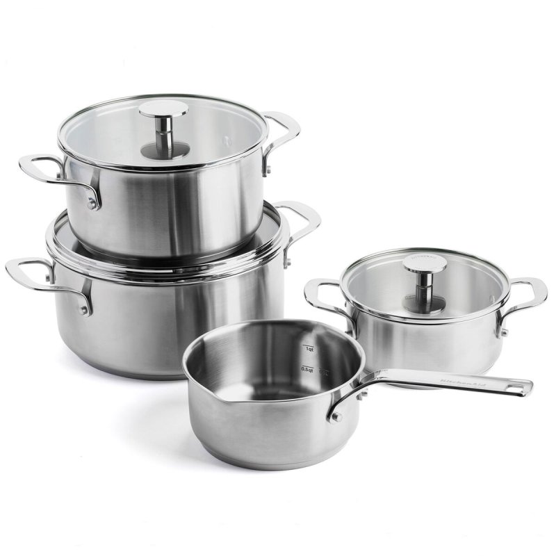 KitchenAid - Stainless Steel Sheet Frypan 4pcs Set: Casserole with Lid 16-20-24cm Open Saucepan 16cm - Silver