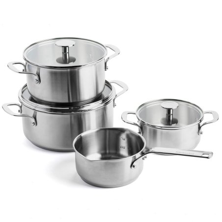 KitchenAid - Stainless Steel Sheet Frypan 4pcs Set: Casserole with Lid 16-20-24cm Open Saucepan 16cm - Silver