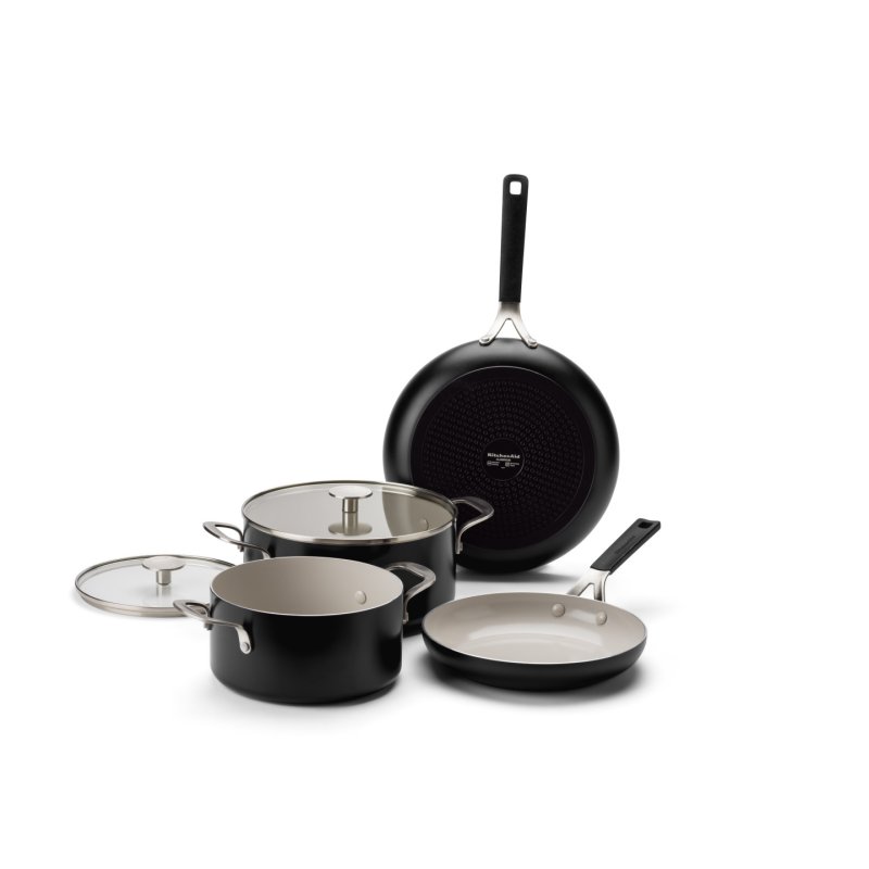 KitchenAid - Coloured Aluminum 6pcs Set: Frypan 24/28cm Casserole with Lid 20/24cm - Matte Black