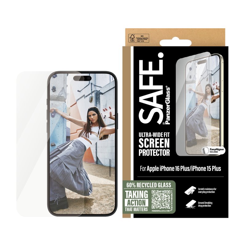 PanzerGlass SAFE. by Screen Protector iPhone 16 Plus | 15 Plus | Ultra-Wide Fit Protection d'écran transparent Apple