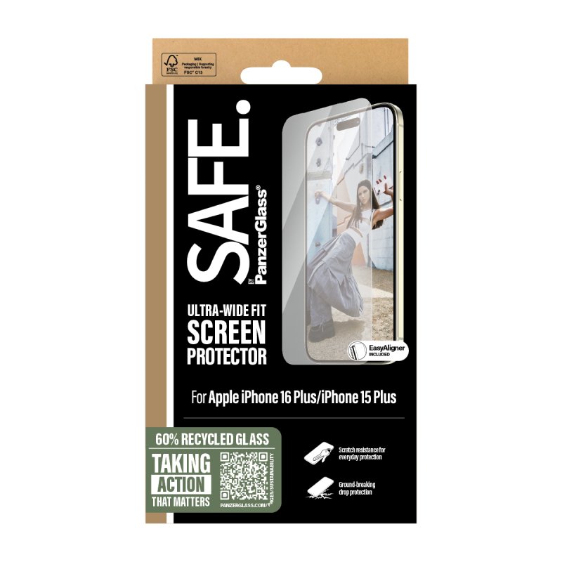 PanzerGlass SAFE. by Screen Protector iPhone 16 Plus | 15 Plus | Ultra-Wide Fit Protection d'écran transparent Apple