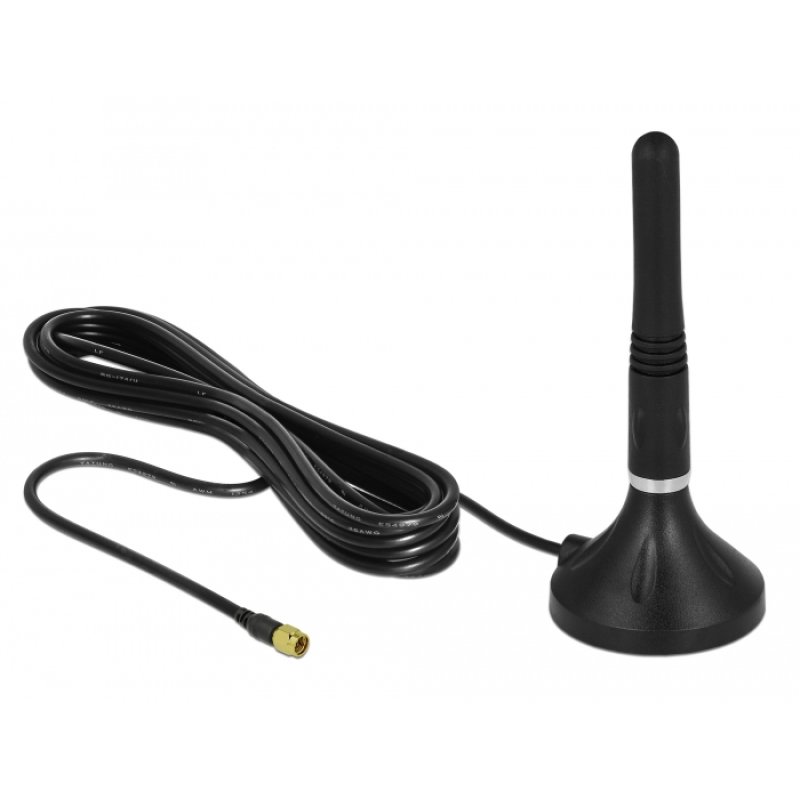 DELOCK LTE Antenne SMA Stecker 2 - 3 dBi 11 cm starr omnidirektional mit magnetischem Standfuss und Anschlusskabel