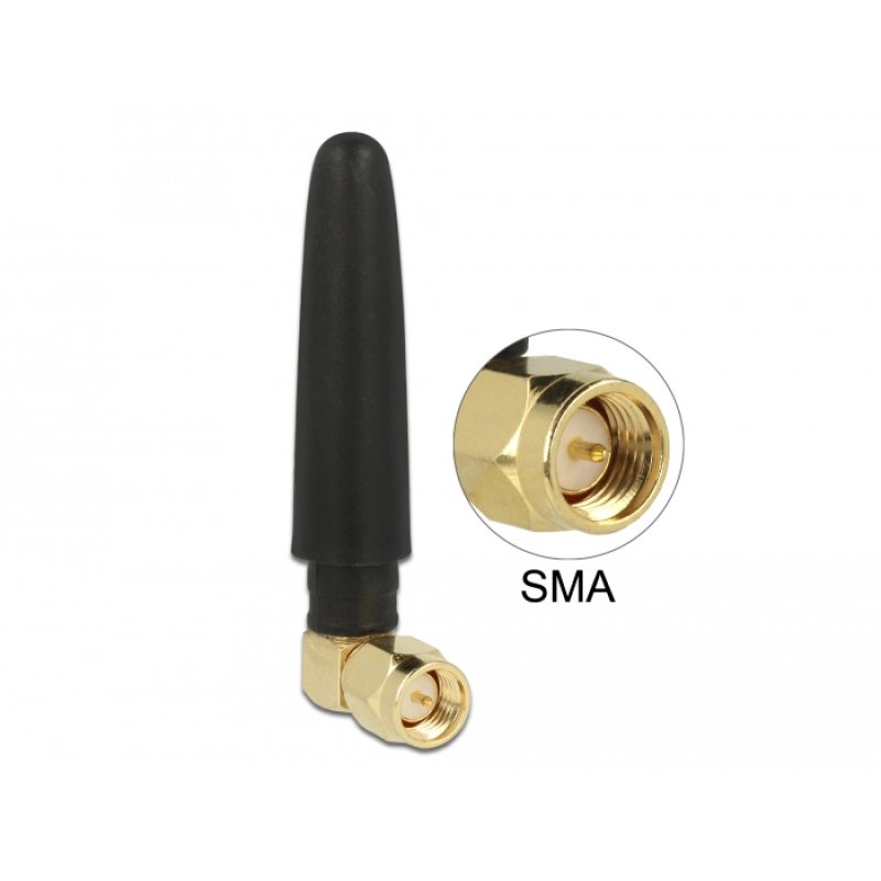 DeLOCK WLAN 802.11 b/g/n Antenna SMA plug 90° 2 dBi omnidirectional fixed with flexible material black