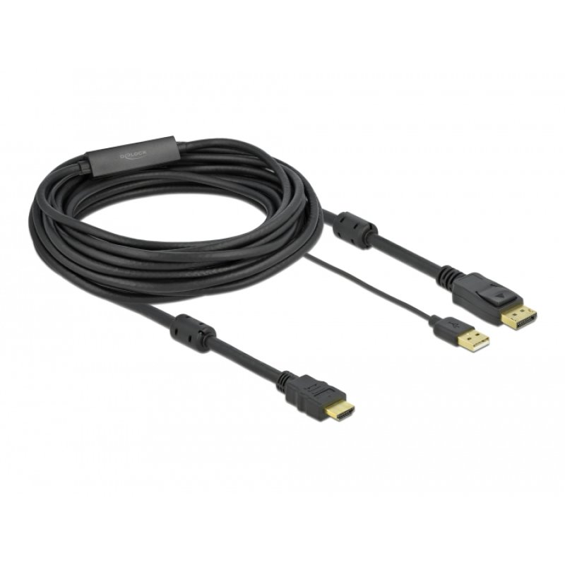 DELOCK HDMI M DisplayPort M 4K cable 7m powered by USB A M black
