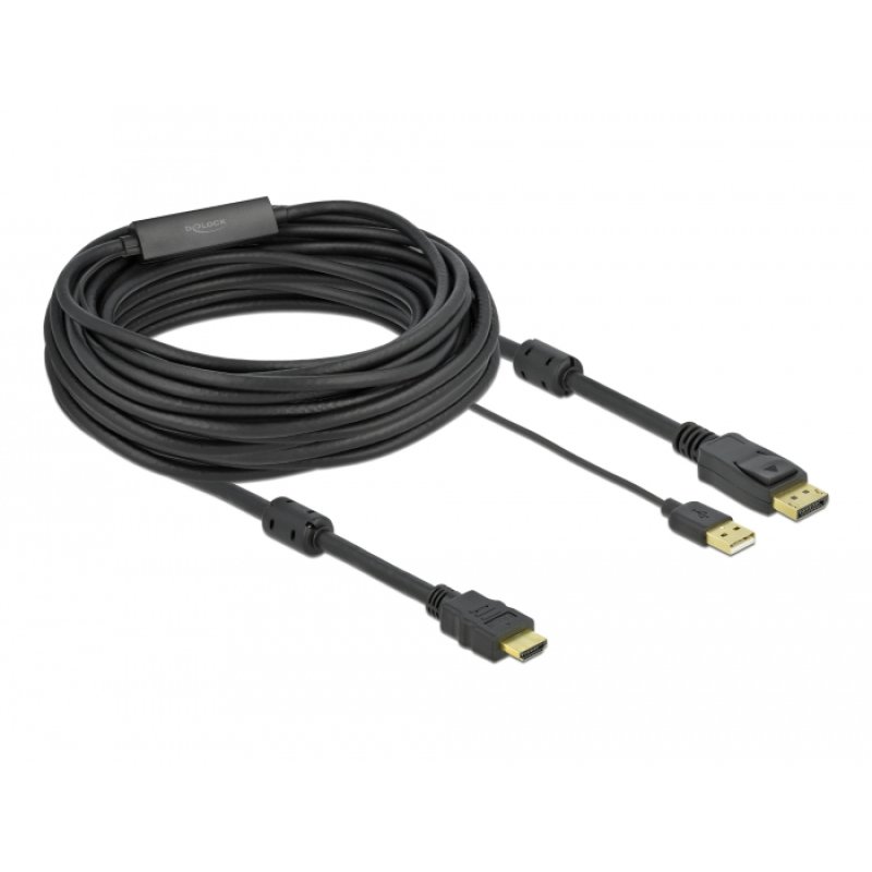 DELOCK HDMI M DisplayPort M 4K cable 10m powered by USB A M black