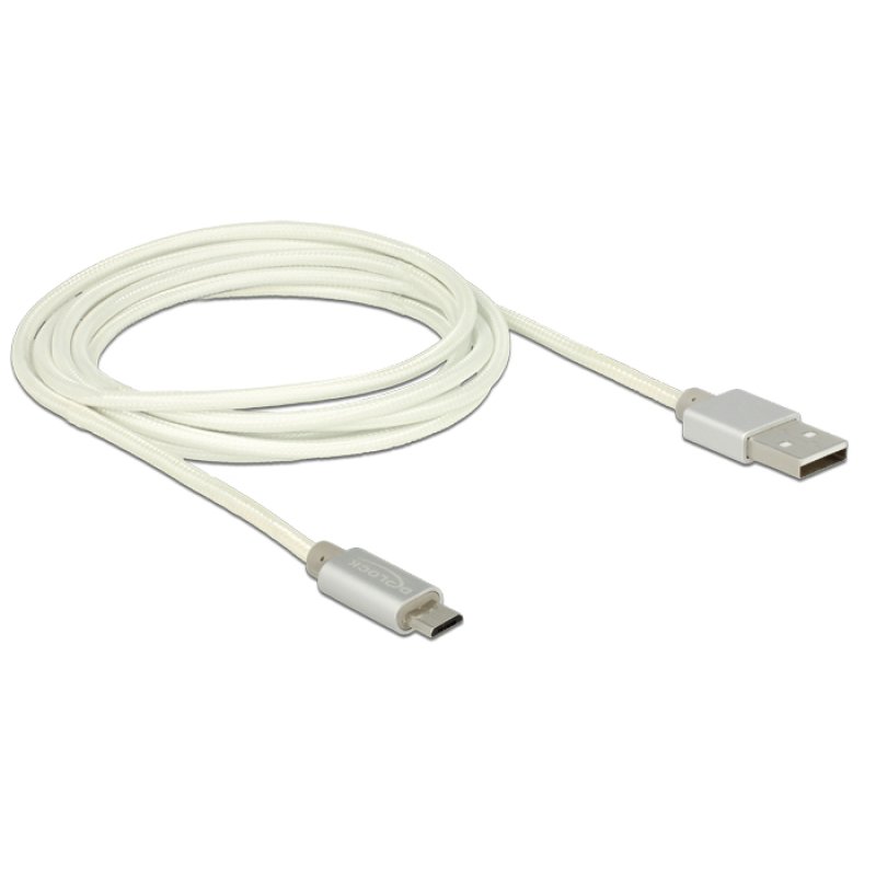 DeLOCK 2m, USB2.0-A/USB2.0 Micro-B câble USB USB A Micro-USB B 0,48 Gbit/s Argent, Blanc