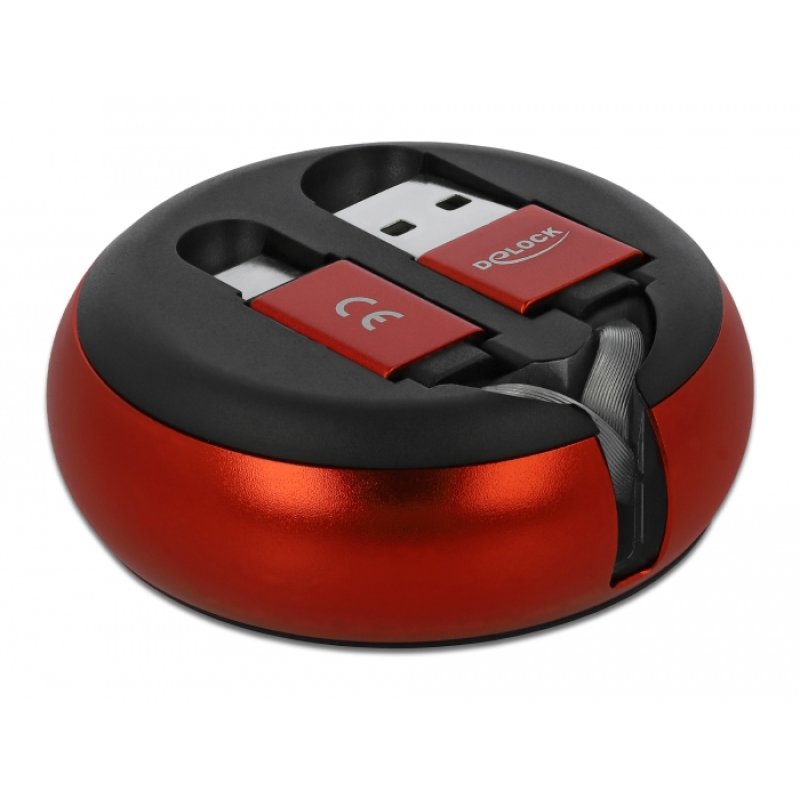 DELOCK cable USB-A/M to USB-C/M 2.0 black/red retractable 92cm