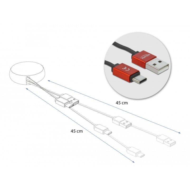 DELOCK cable USB-A/M to USB-C/M 2.0 black/red retractable 92cm