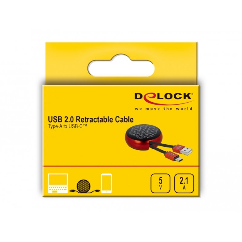 DELOCK cable USB-A/M to USB-C/M 2.0 black/red retractable 92cm