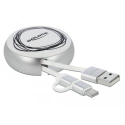 DeLOCK Câble rétractable USB 2 en 1 Type-A à Micro-B et USB-C blanc / argenté
