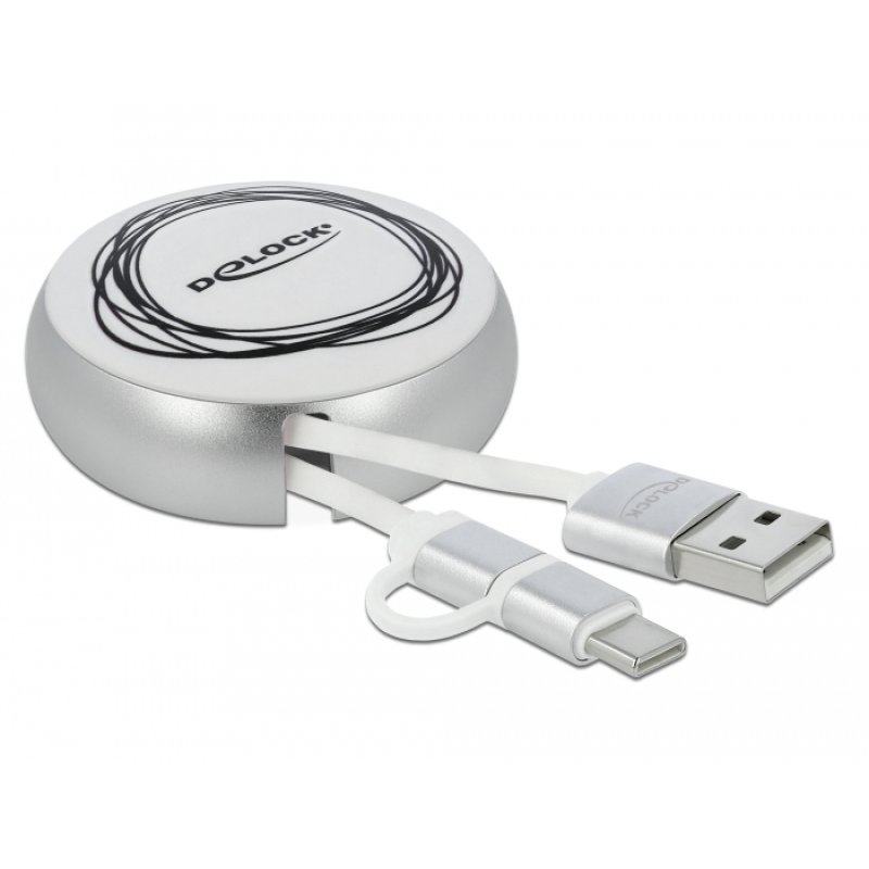 DeLOCK USB 2.0 2 in 1 Retractable Cable Type-A to Micro-B and USB-C™ white / silver