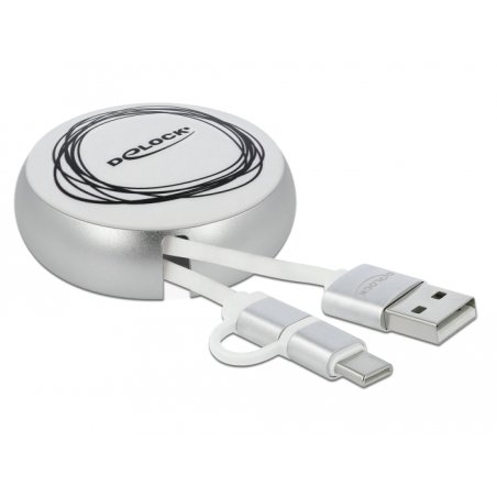 DeLOCK Câble rétractable USB 2 en 1 Type-A à Micro-B et USB-C blanc / argenté